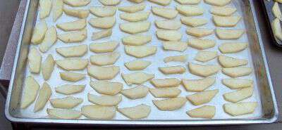 Close up tray of drying apples