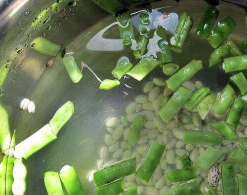 Parboil green beans to remove scum