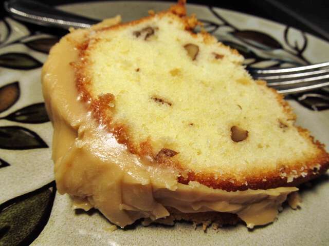 Old time black walnut pound cake with caramel icing