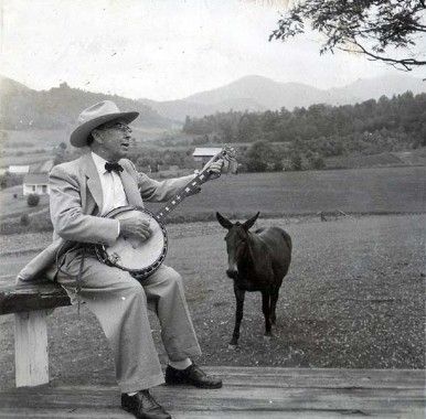 Man sitting with banjo and donkey in the background