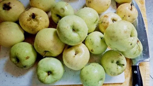 pile of apples with a knife beside them