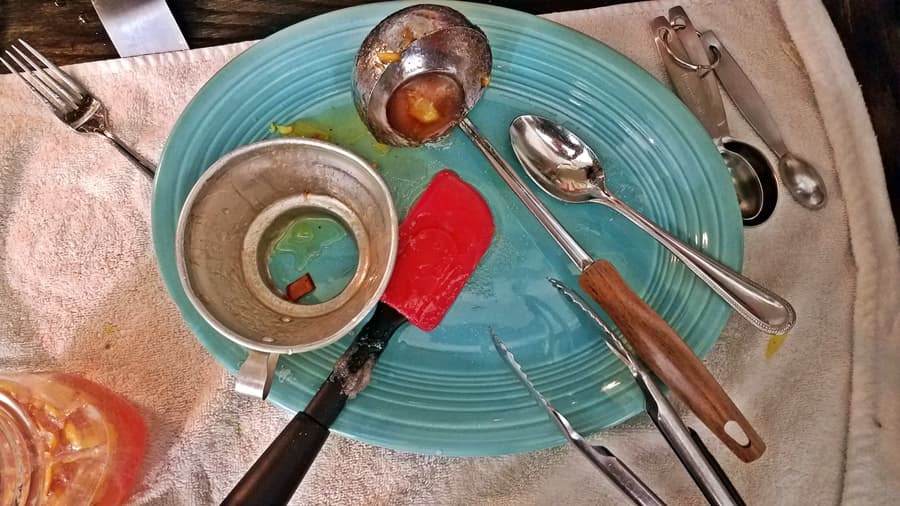 plate with ladle and other canning tools