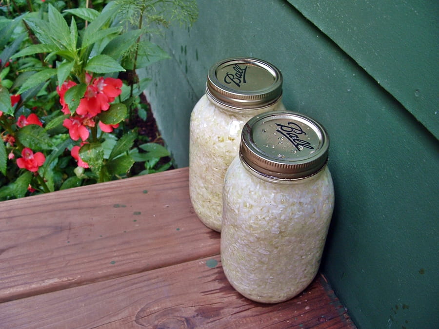 two jars of kraut sitting on porch