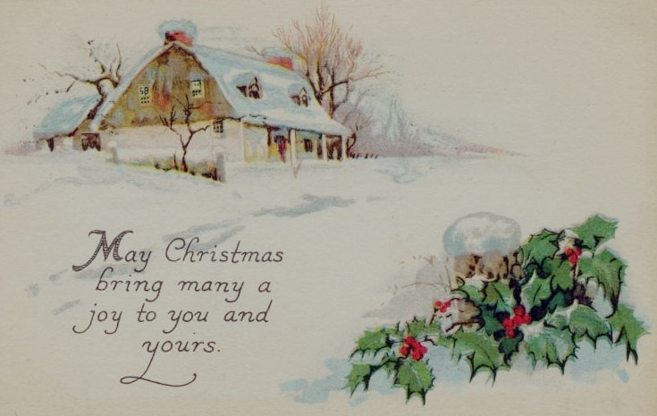 old christmas card with house and snow