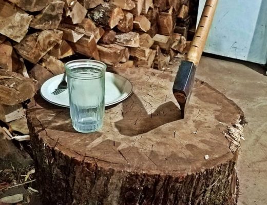 ax, plate, and glass in front of woodpile