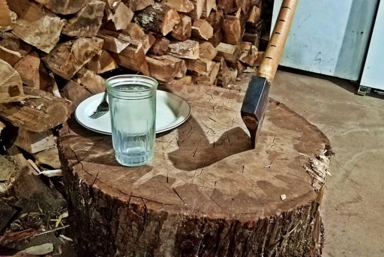 ax, plate, and glass in front of woodpile