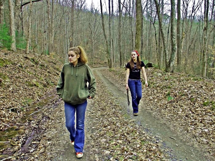 Girls walking down road