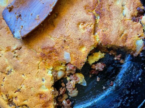 corn pone pie in cast iron skillet