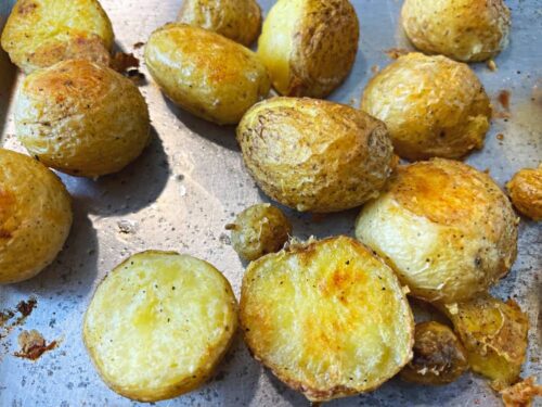 roasted potatoes on baking sheet