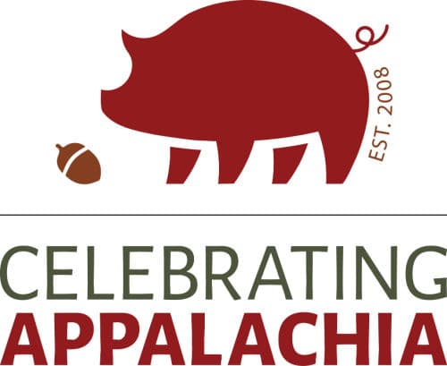 silhouette of a red pig and acorn with words "Celebrating Appalachia Est 2008"