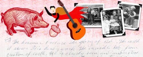 A collage of a red pig, an acorn and angel, a guitar and 3 black and white photos from 1950s. Scripture verse at the bottom