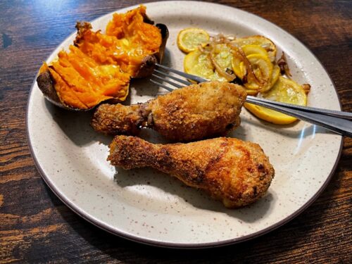 plate of food chicken, squash, sweet potato