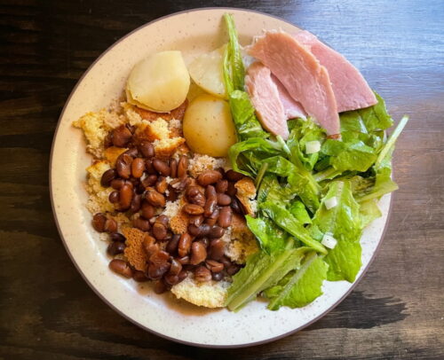 beans, potatoes, ham, cornbread, kilt salad