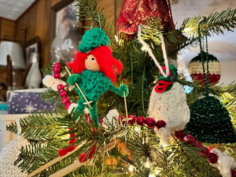crocheted skier for Christmas ornament