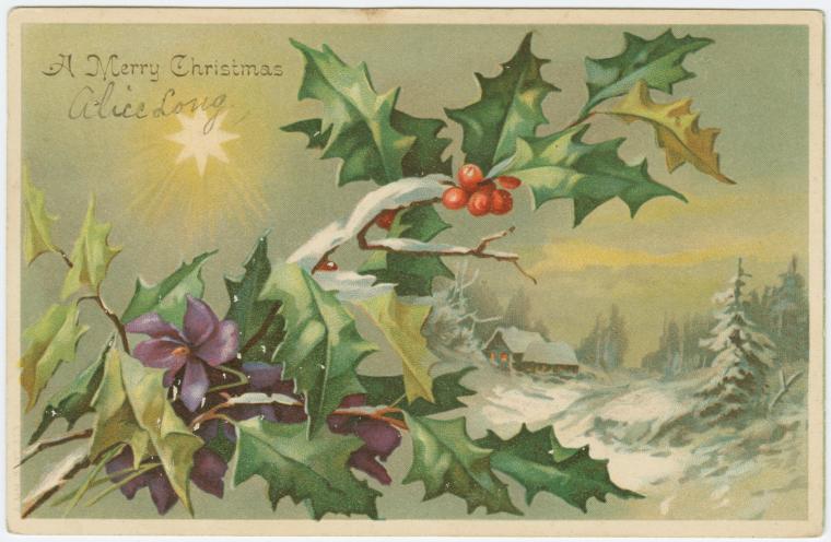 Christmas postcard with holly