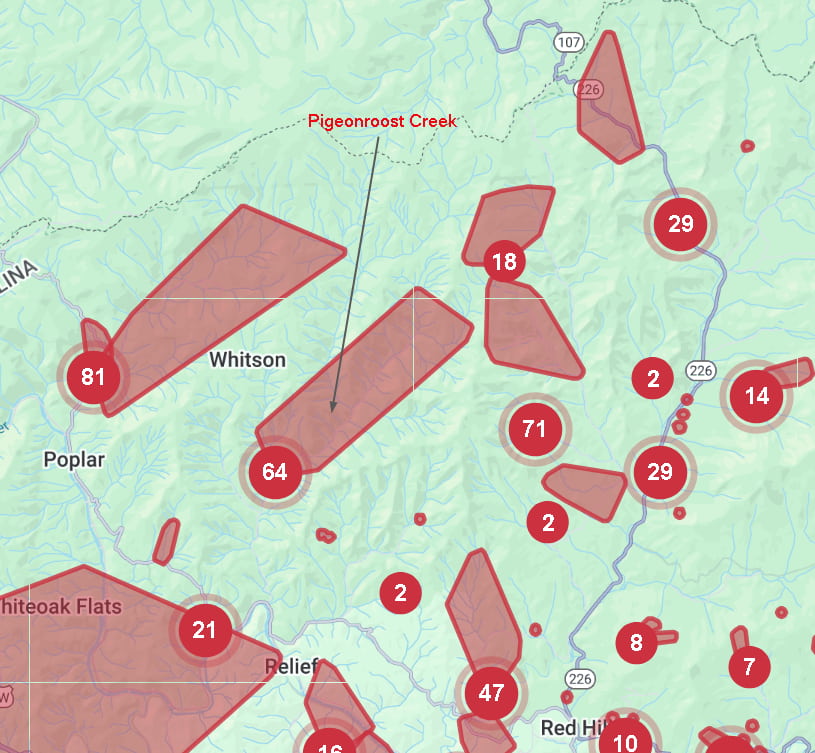 map of power outage for pigeon roost