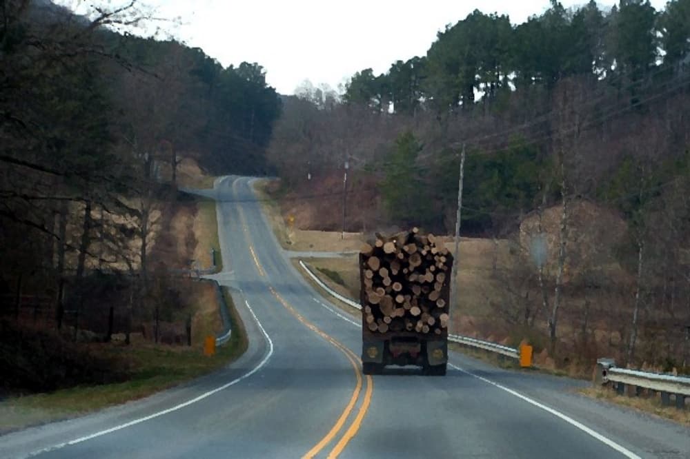 loaded log truck going down road