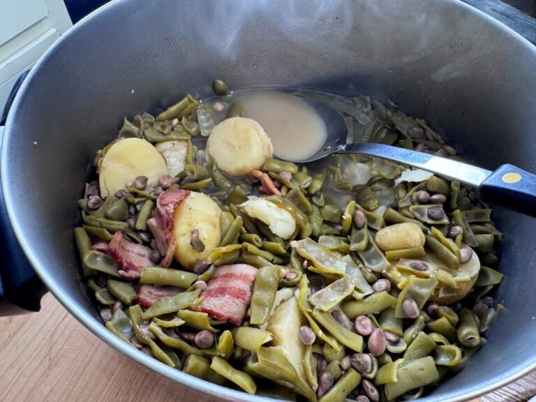 pot of new green beans and new potatoes cooked together